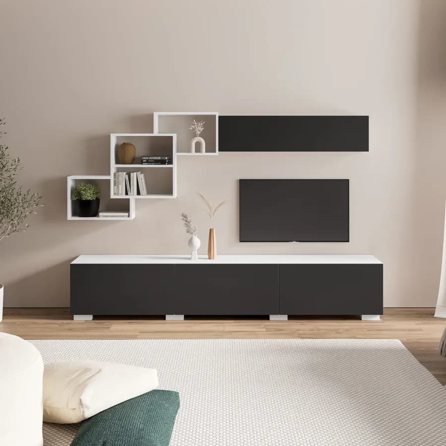 Parete attrezzata 210 cm in legno antracite e bianco - Landom
