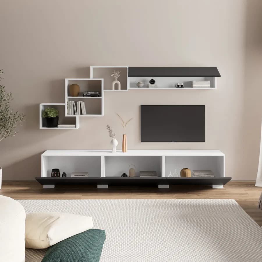 Parete attrezzata 210 cm in legno antracite e bianco - Landom