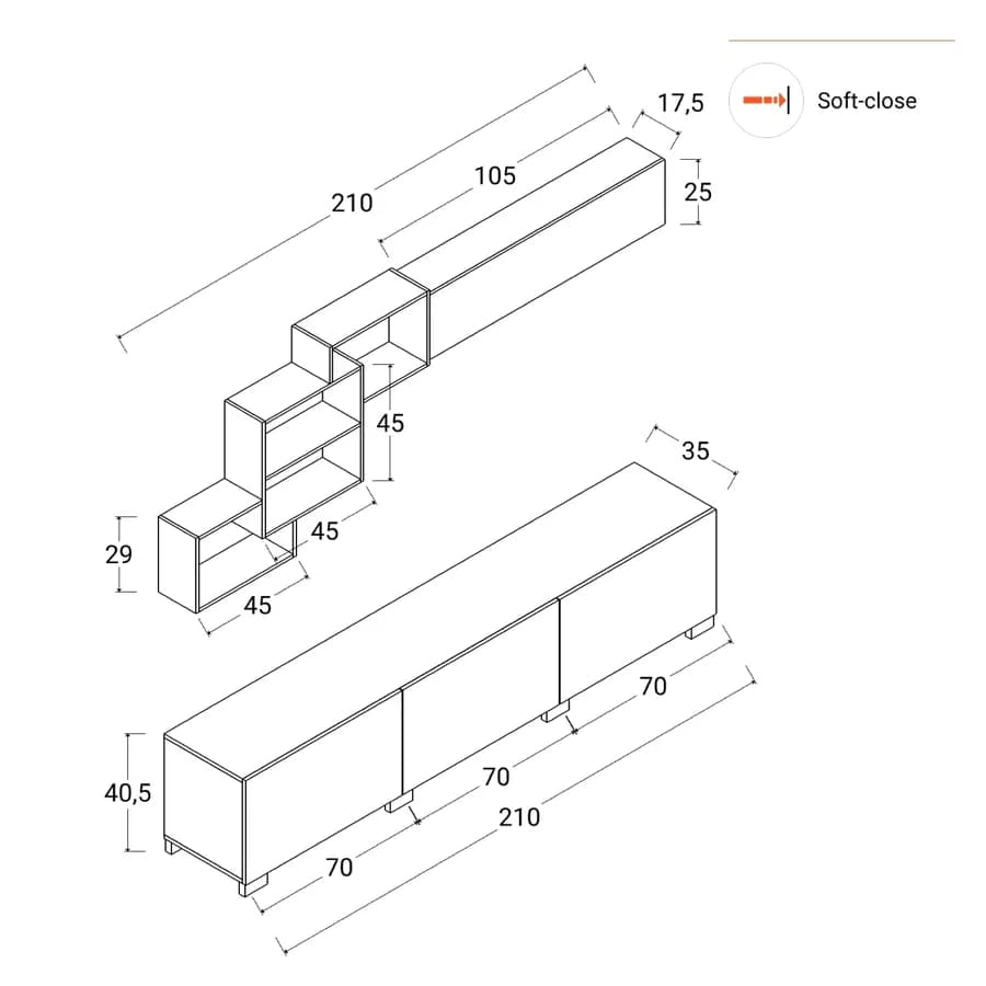 Parete attrezzata 210 cm in legno antracite e bianco - Landom