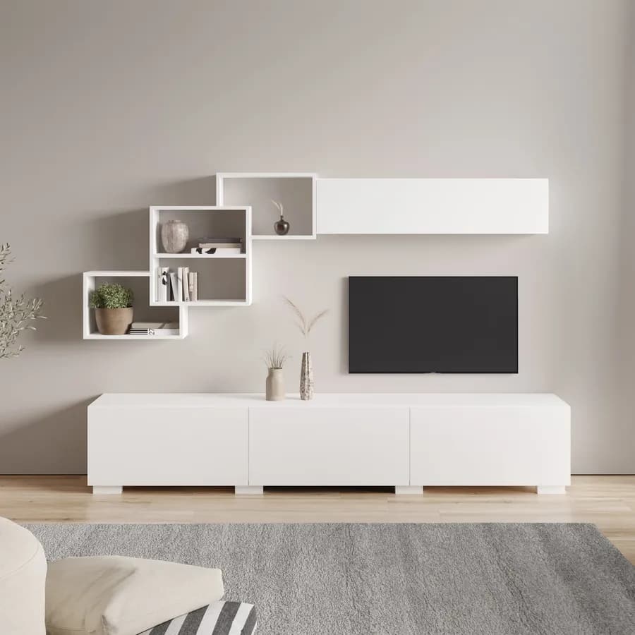 Parete attrezzata 210 cm in legno bianco opaco - Landom