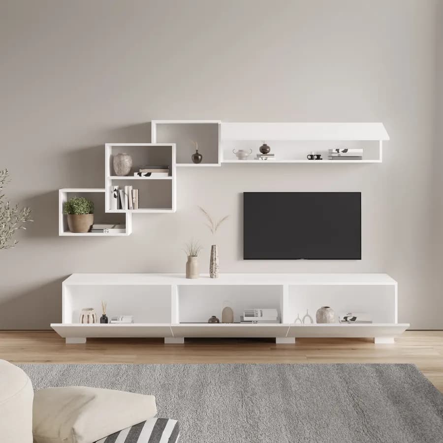Parete attrezzata 210 cm in legno bianco opaco - Landom