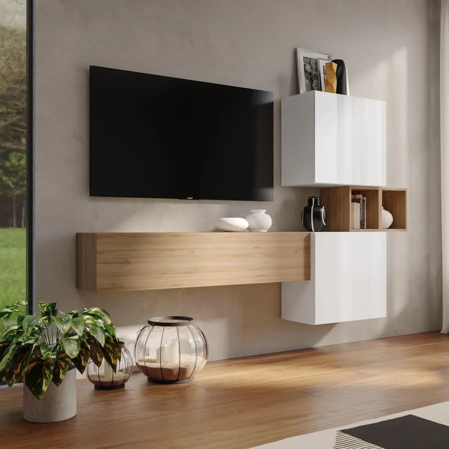 Parete attrezzata 220x29x128h cm color bianco lucido e rovere cadiz - Clary