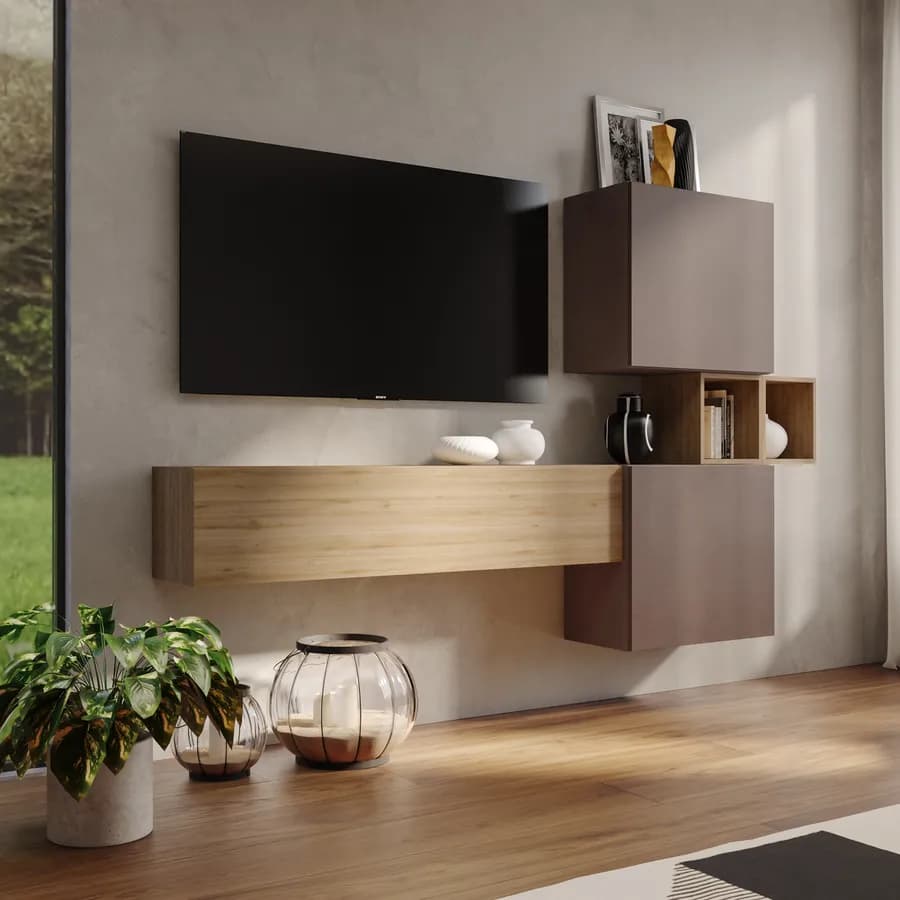 Parete attrezzata 220x29x128h cm color bronzo e rovere cadiz - Clary