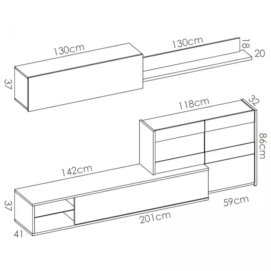 Parete attrezzata 260 cm bianco lucido e naturale con vetrina e luci led - Jolene