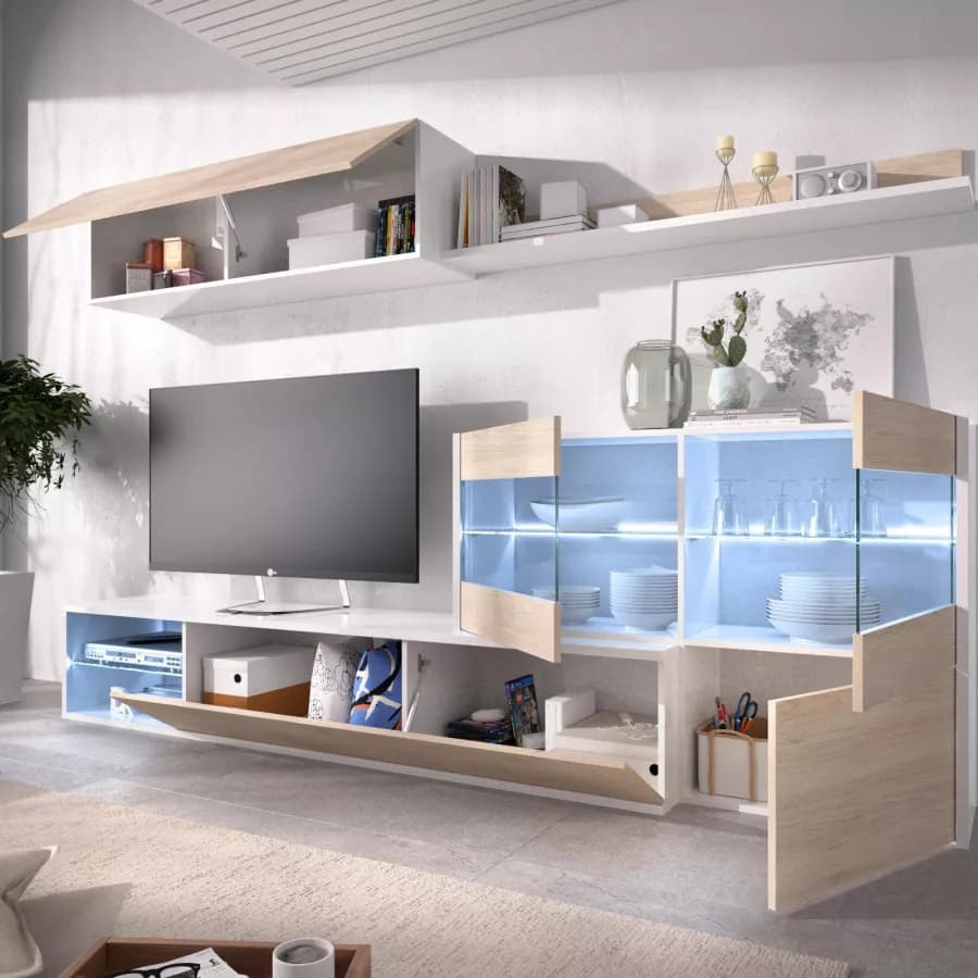Parete attrezzata 260 cm bianco lucido e naturale con vetrina e luci led - Jolene