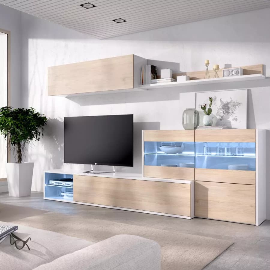 Parete attrezzata 260 cm bianco lucido e naturale con vetrina e luci led - Jolene