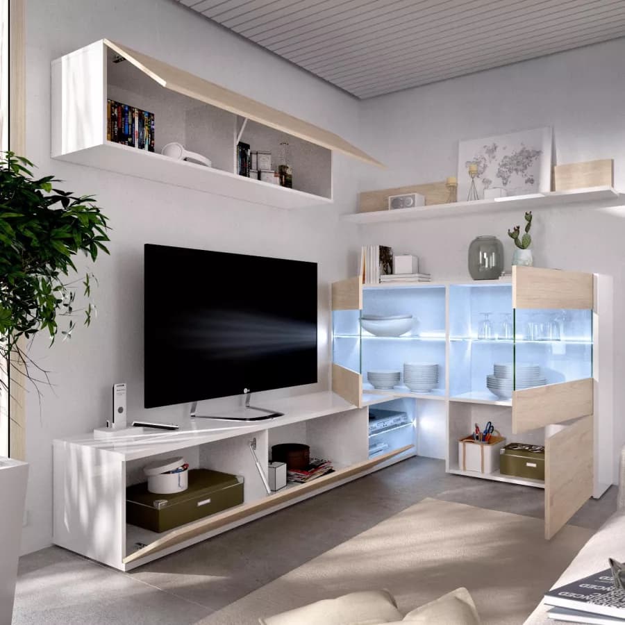 Parete attrezzata 260 cm bianco lucido e naturale con vetrina e luci led - Jolene