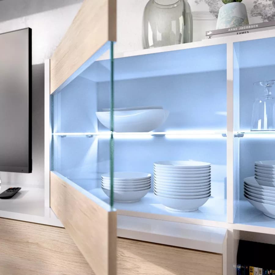Parete attrezzata 260 cm bianco lucido e naturale con vetrina e luci led - Jolene