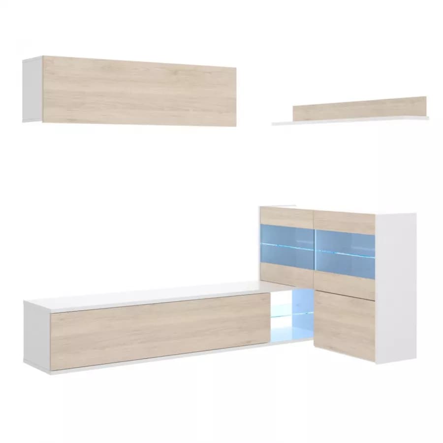 Parete attrezzata 260 cm bianco lucido e naturale con vetrina e luci led - Jolene