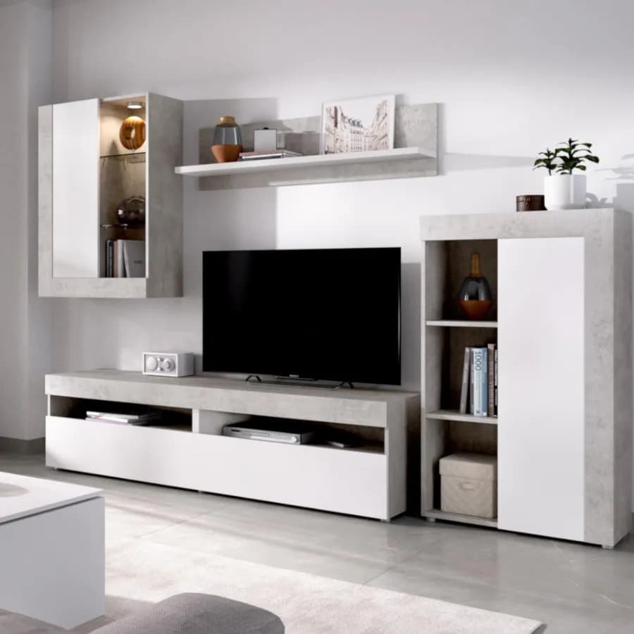 Parete attrezzata 254 cm in legno bianco e cemento con vetrina e luci led - Kira