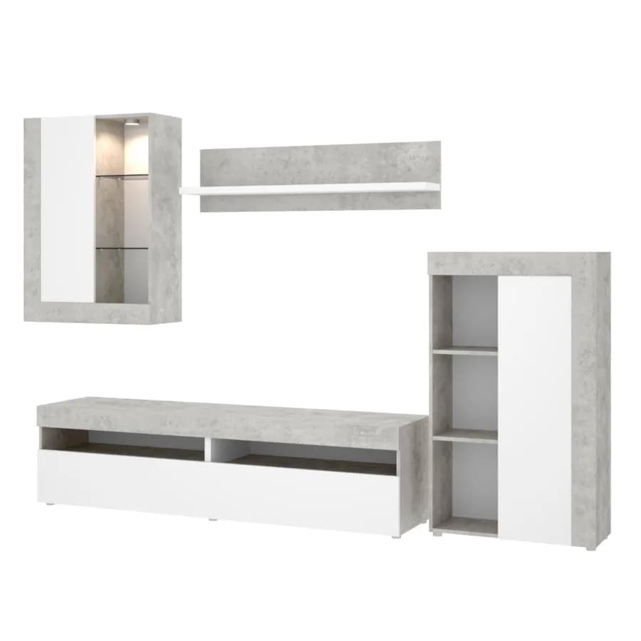 Parete attrezzata 254 cm in legno bianco e cemento con vetrina e luci led - Kira