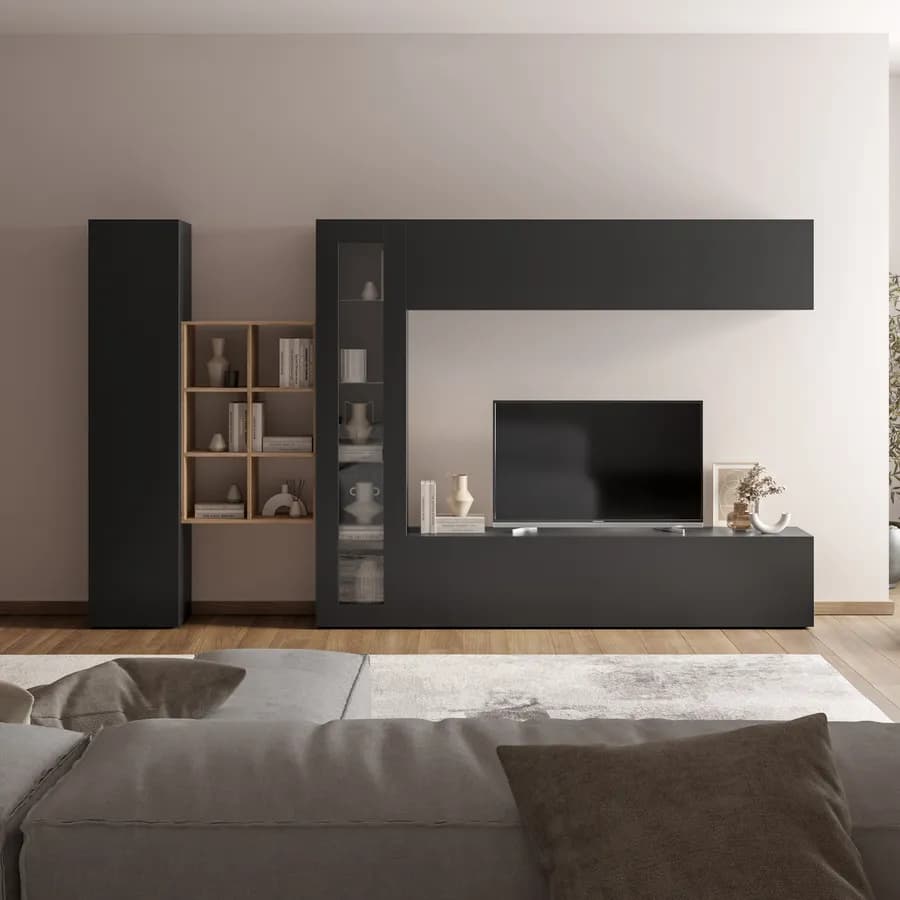 Parete attrezzata 320x180h cm a terra o sospesa antracite opaco con libreria rovere wotan - Arona