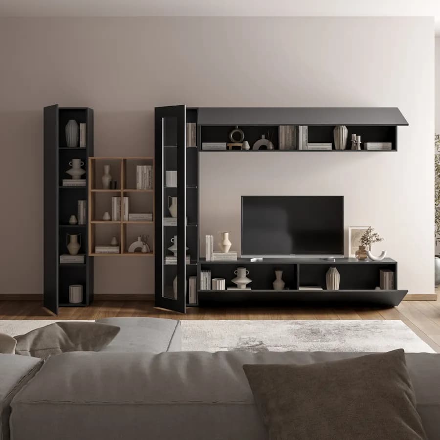 Parete attrezzata 320x180h cm a terra o sospesa antracite opaco con libreria rovere wotan - Arona