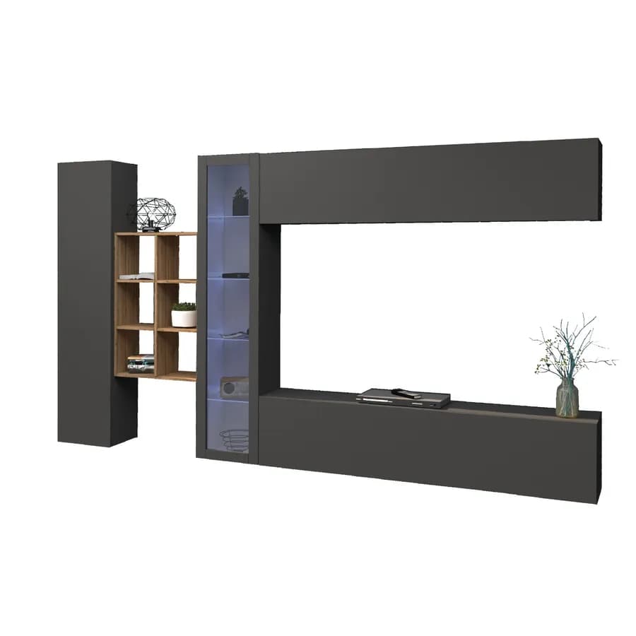 Parete attrezzata 320x180h cm a terra o sospesa antracite opaco con libreria rovere wotan - Arona