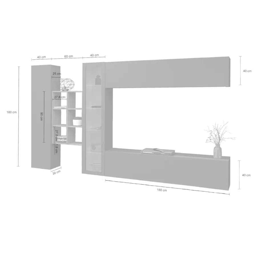 Parete attrezzata 320x180h cm a terra o sospesa antracite opaco con libreria rovere wotan - Arona
