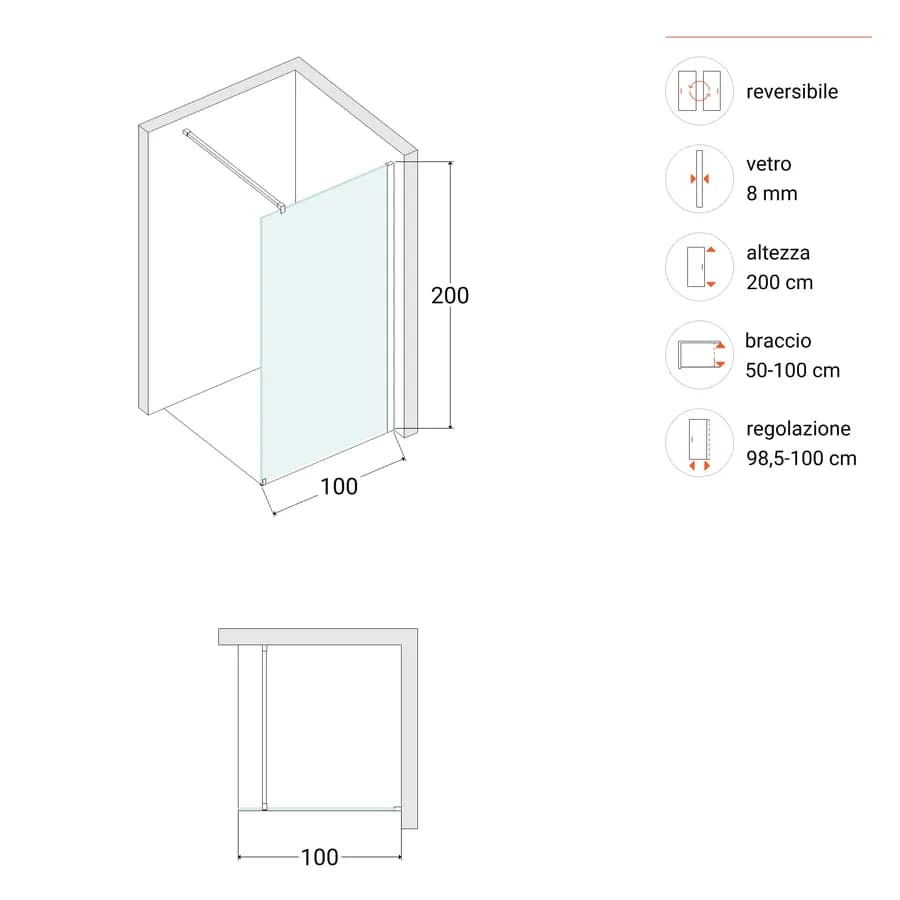 Box doccia Walk in 100 cm vetro anticalcare fumè e profilo cromo 200h - Keep
