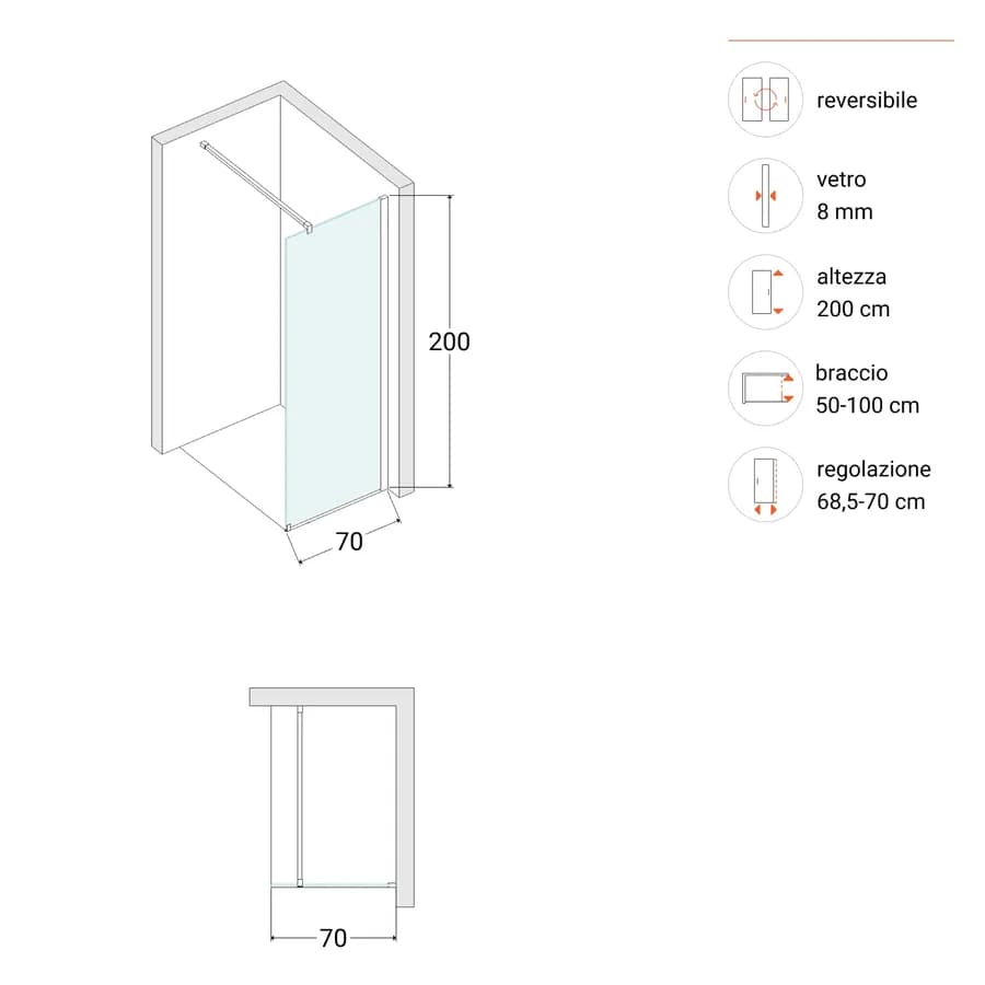 Box doccia Walk in 70 cm vetro anticalcare trasparente e profilo bronzo 200h - Keep