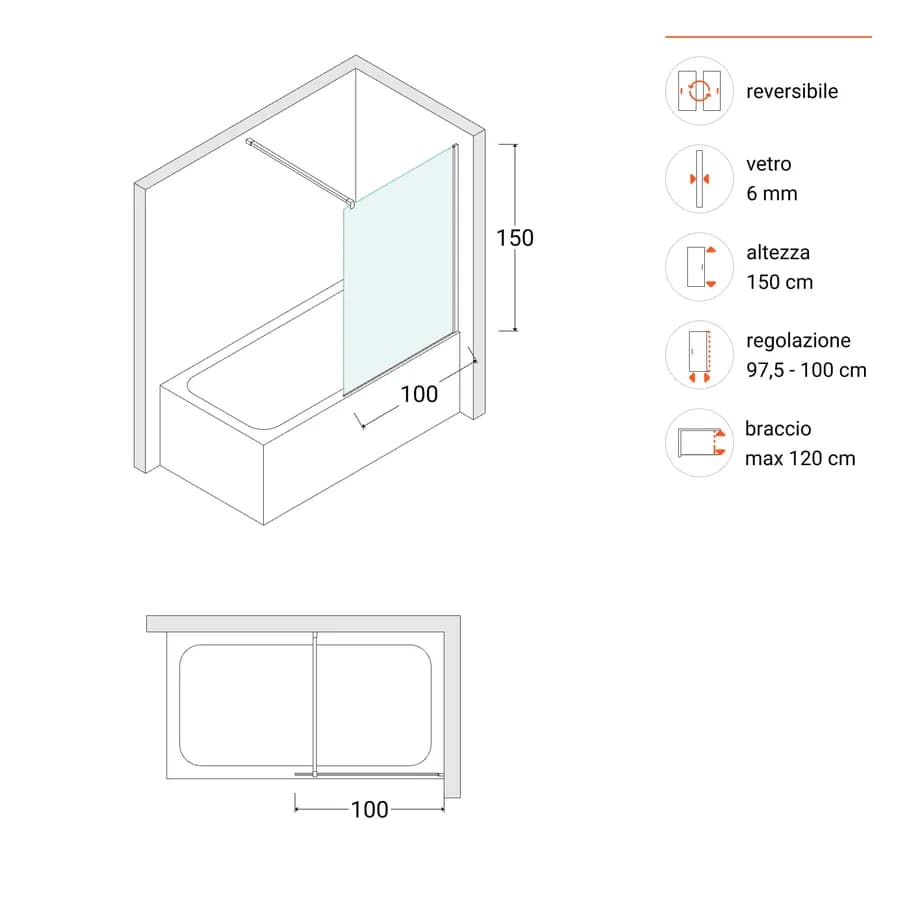 Parete sopravasca walk-in 100 cm in cristallo temperato 6 mm trasparente 150 h cm - Japan