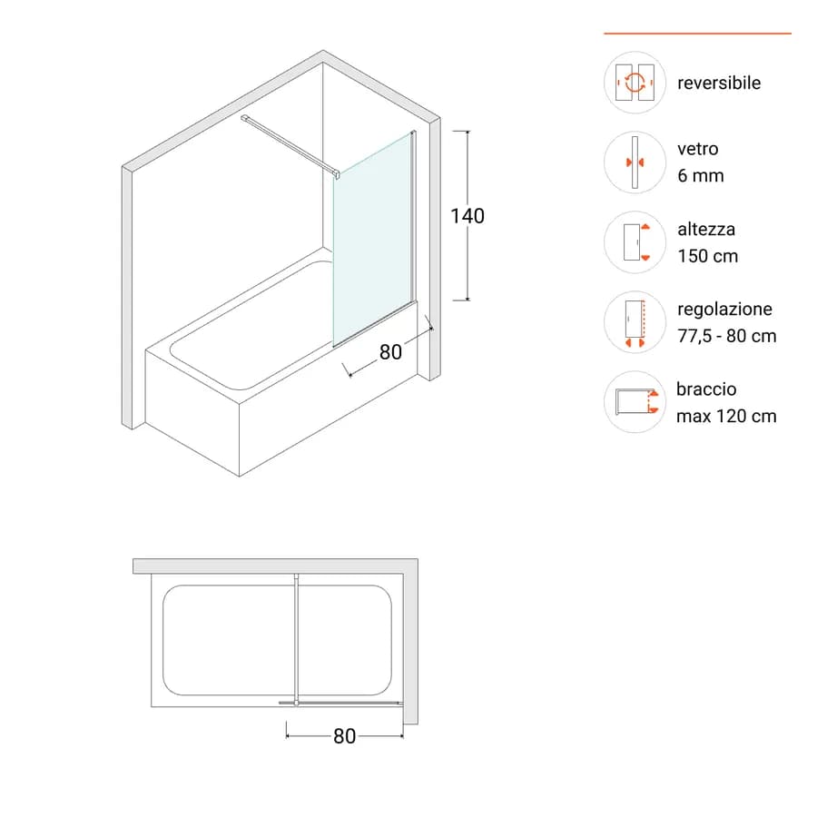 Parete sopravasca walk-in 80 cm in cristallo temperato 6 mm trasparente 150 h cm - Japan