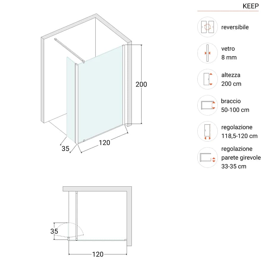 Parete Walk In 120 cm in vetro temperato fumè anticalcare con anta girevole 35 cm - Keep