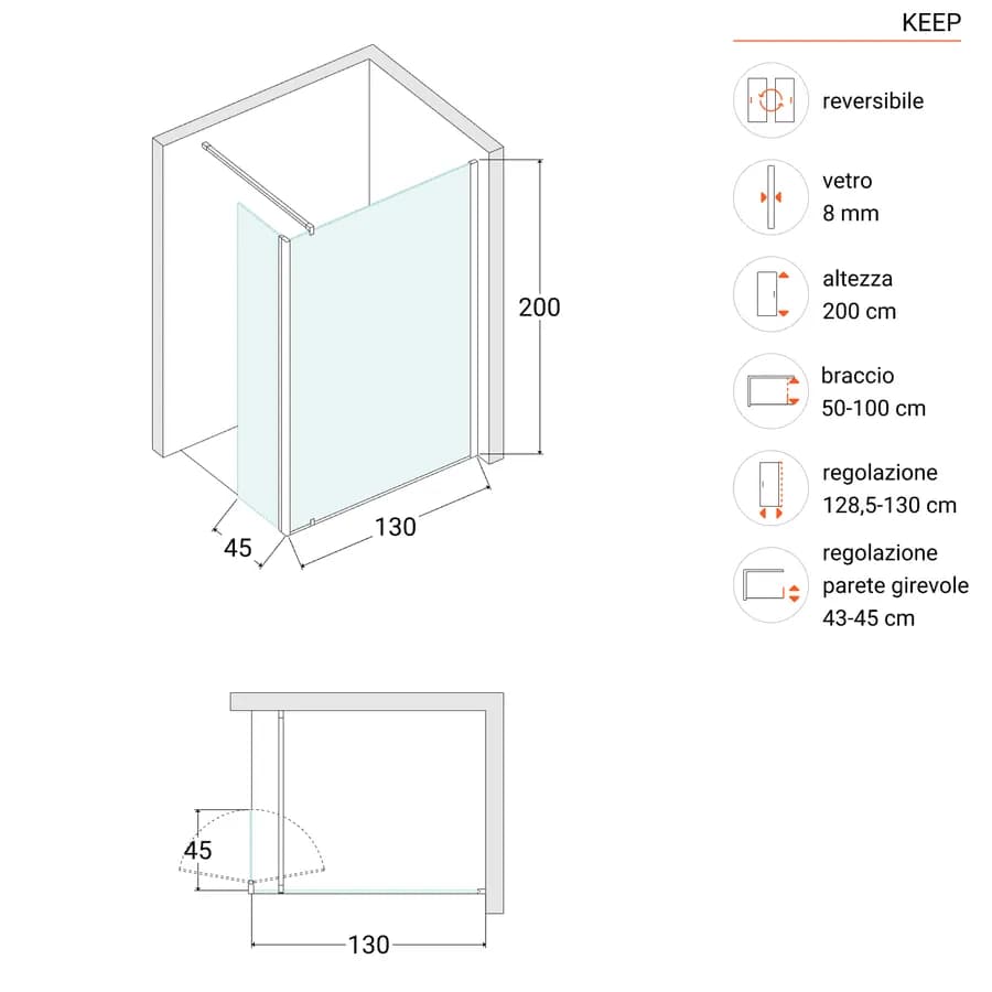 Box doccia Walk in 130cm + lato girevole 45cm vetro anticalcare trasparente profilo cromo 200h - Keep