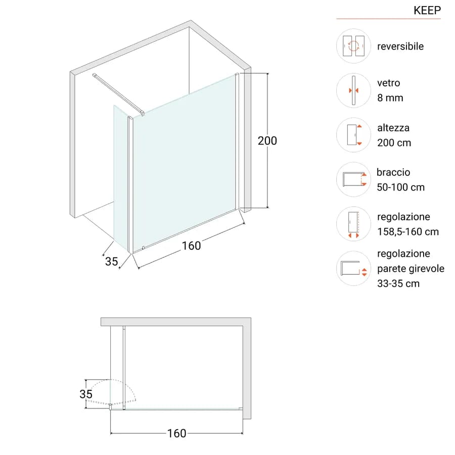 Parete Walk In 160 cm in vetro temperato fumè anticalcare con anta girevole 35 cm - Keep