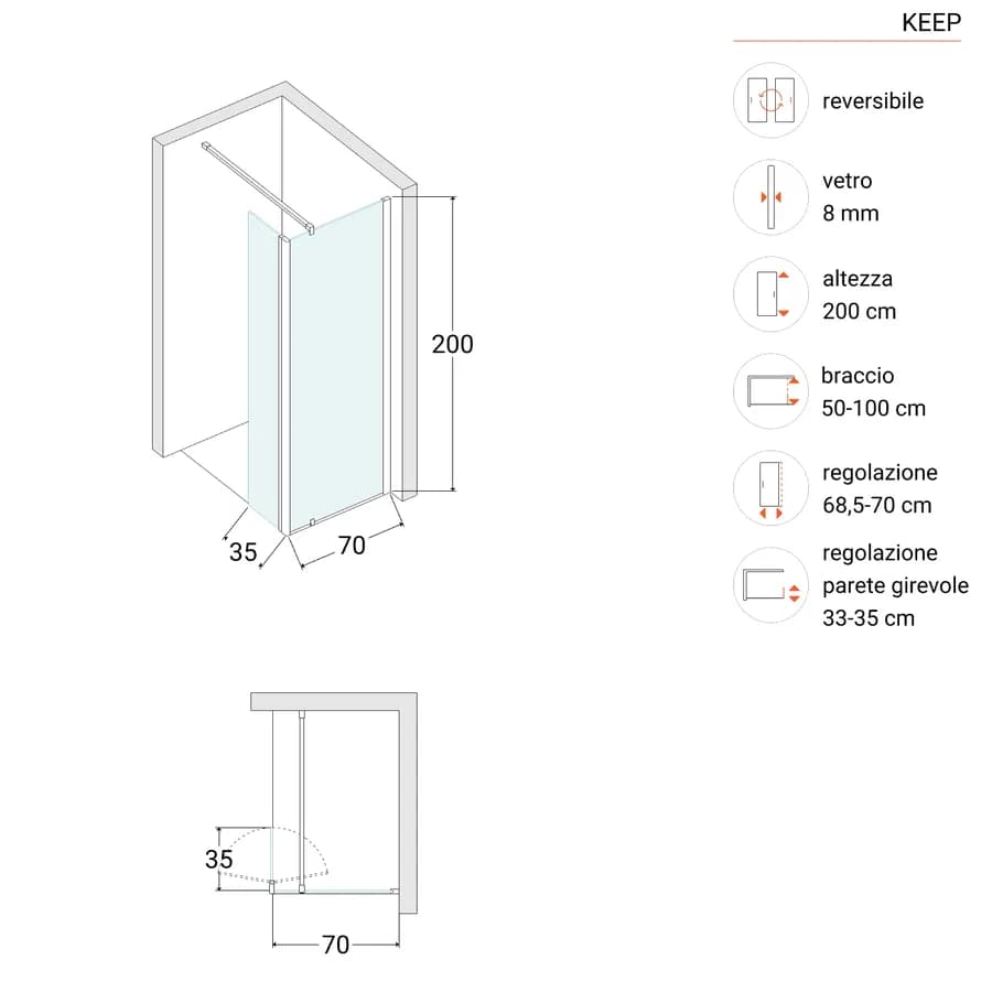 Parete walk in box doccia 70 cm con anta girevole 35 cm trasparente anticalcare - Keep