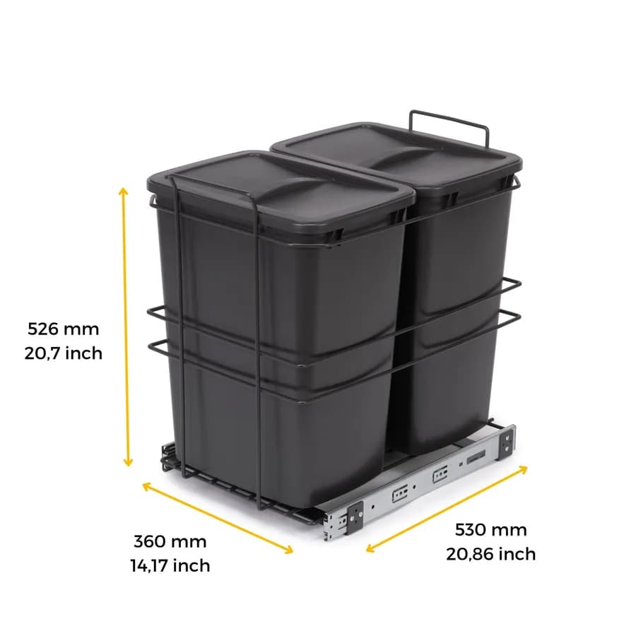 Pattumiera estraibile 36x53h cm con 2 bidoni per raccolta differenziata antracite - Binny