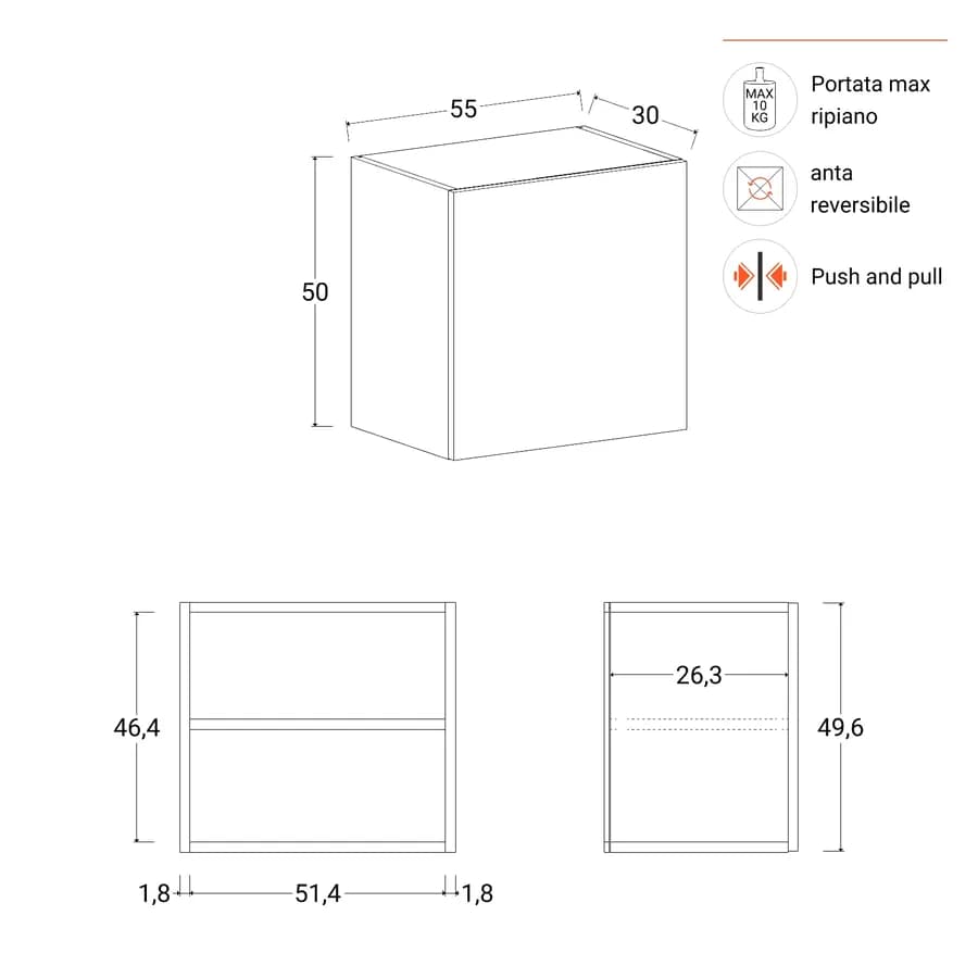 Pensile bagno 55x50 h cm con anta reversibile bianco opaco - Plain