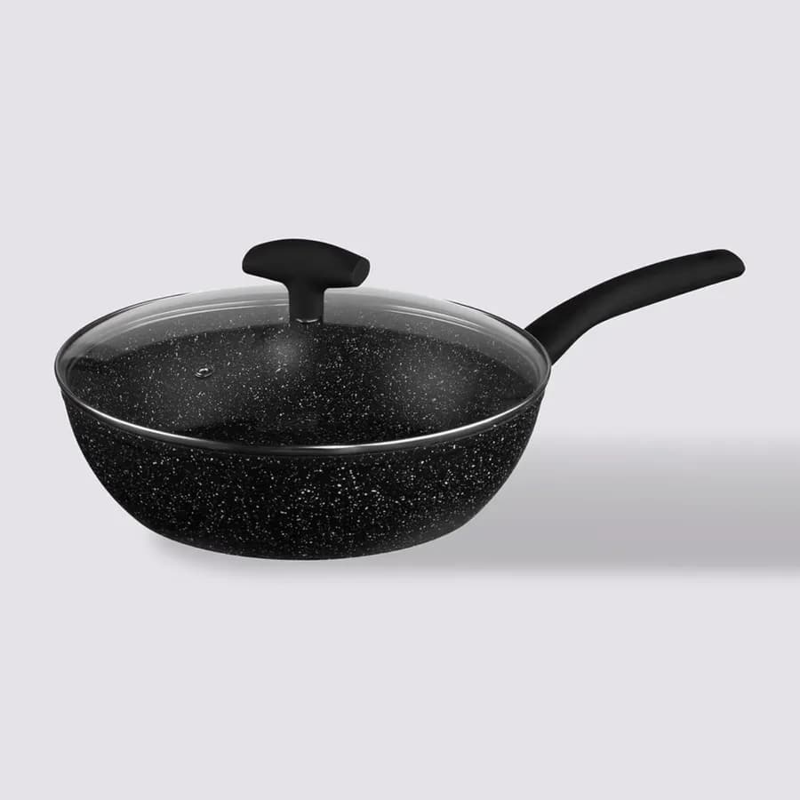 Padella antiaderente 29x18h cm in alluminio forgiato effetto pietra nero con coperchio in vetro - Yasmira