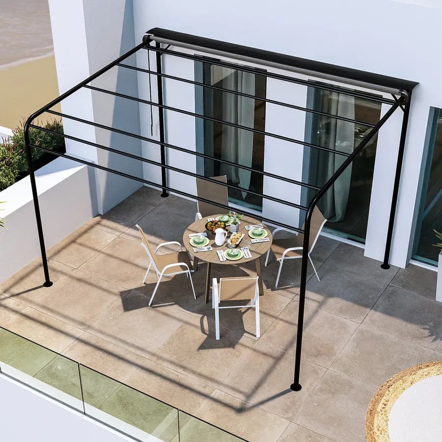 Pergola 4x3 m in acciaio nero con telo scorrevole grigio - Hedera
