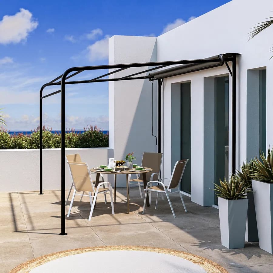 Pergola 4x3 m in acciaio nero con telo scorrevole grigio - Hedera