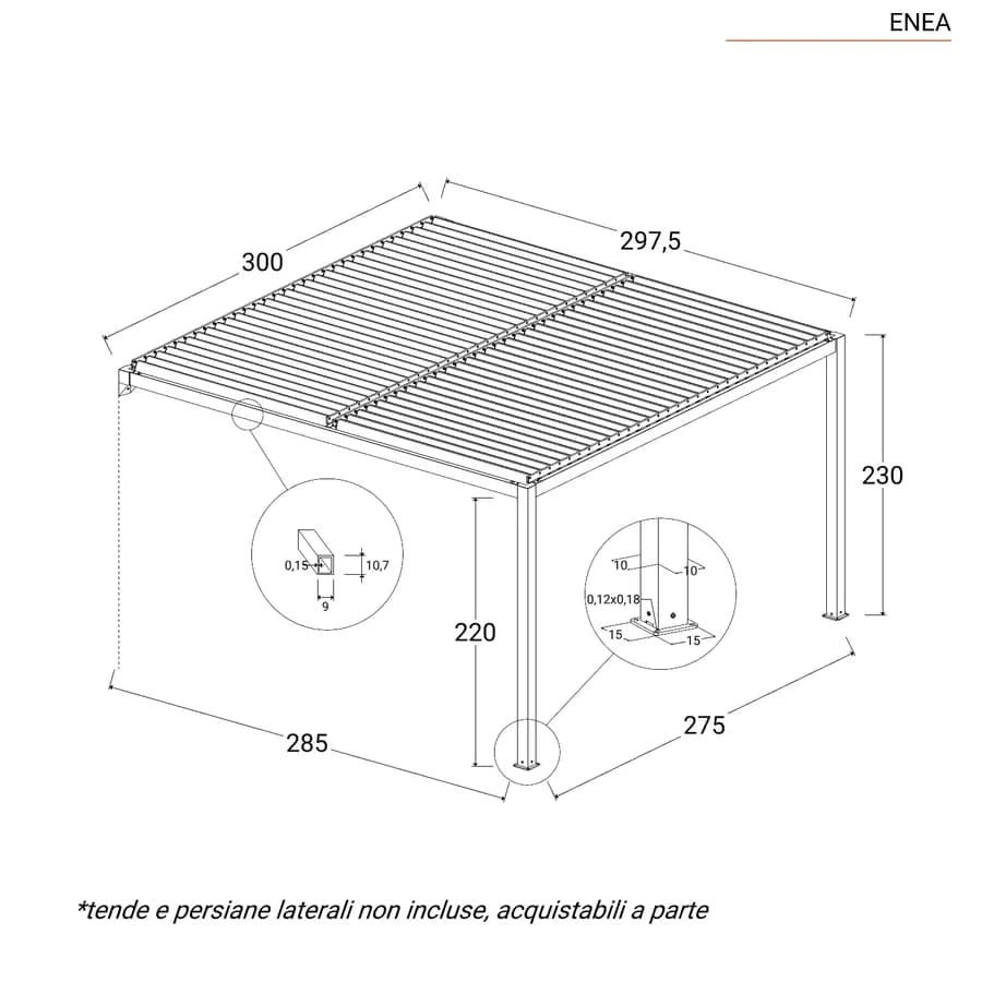 Pergola con tetto a lamelle 3x3 m in alluminio tortora - Enea