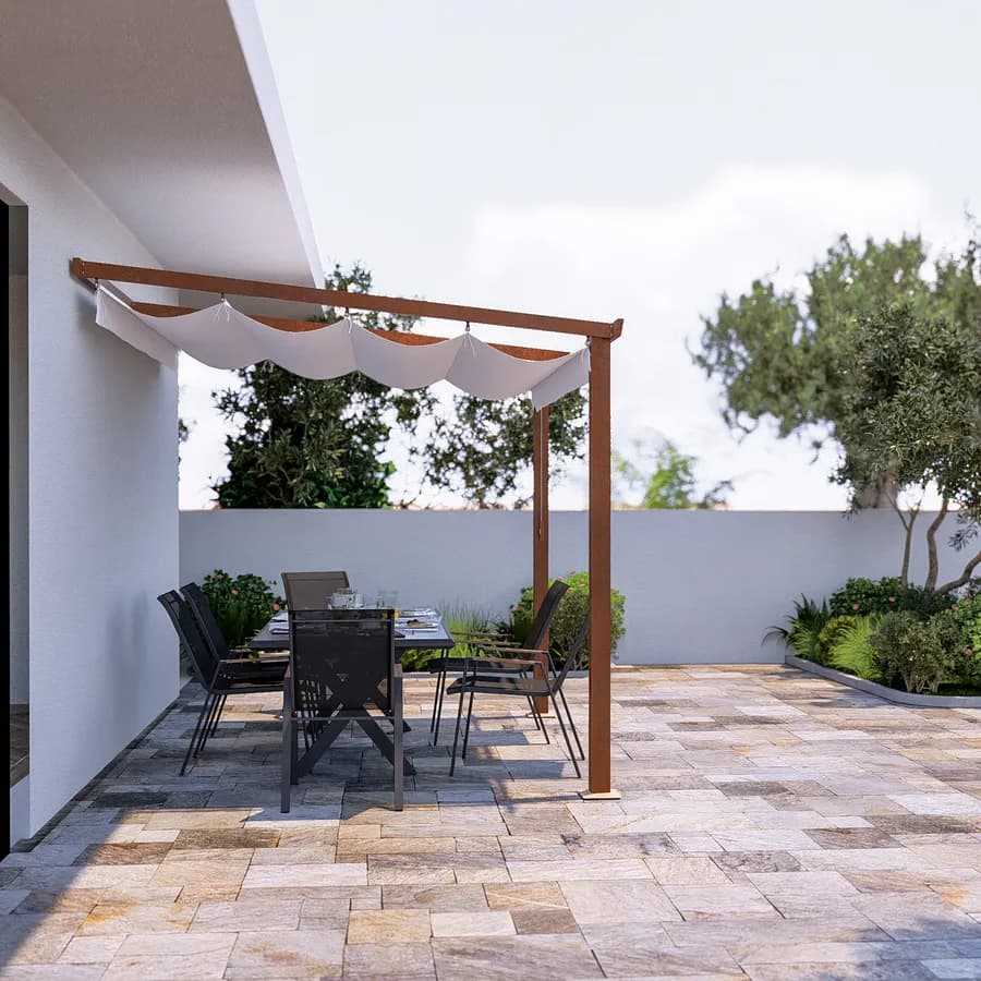 Pergola da esterno 3x2,5 m in alluminio effetto corten e telo bianco - Norris