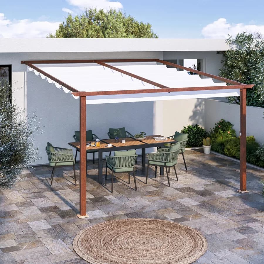 Pergola da esterno 4x4 m in alluminio effetto corten e telo bianco - Norris