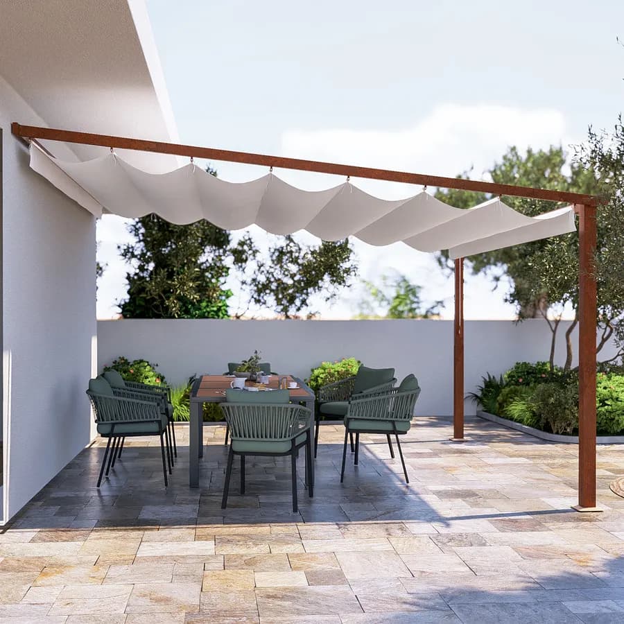 Pergola da esterno 4x4 m in alluminio effetto corten e telo bianco - Norris
