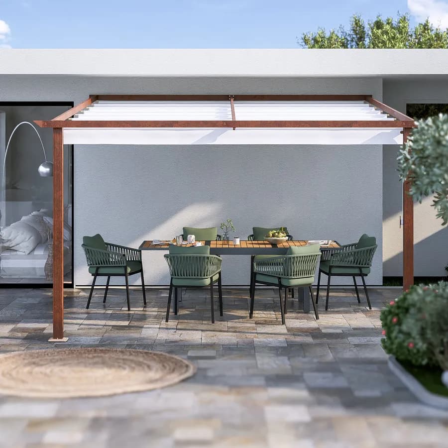 Pergola da esterno 4x4 m in alluminio effetto corten e telo bianco - Norris