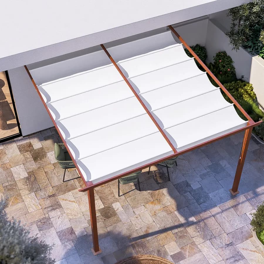 Pergola da esterno 4x4 m in alluminio effetto corten e telo bianco - Norris