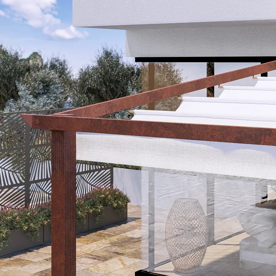 Pergola da esterno 4x4 m in alluminio effetto corten e telo bianco - Norris
