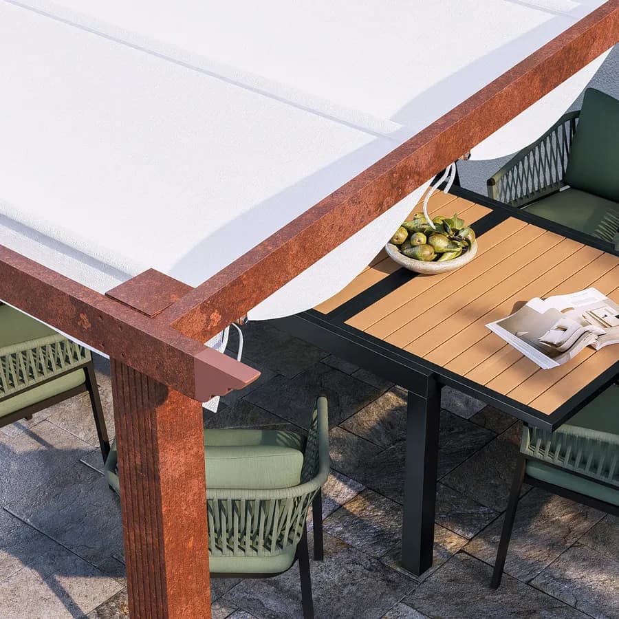 Pergola da esterno 4x4 m in alluminio effetto corten e telo bianco - Norris