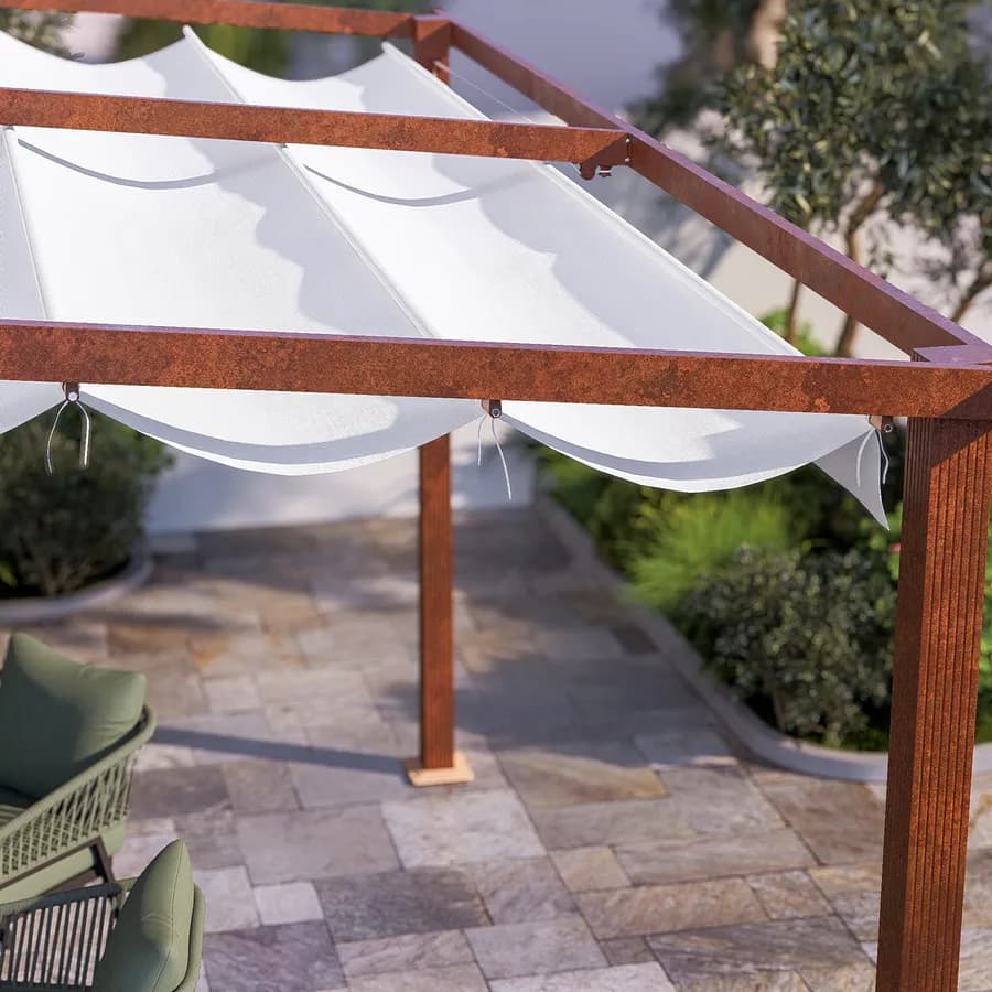 Pergola da esterno 4x4 m in alluminio effetto corten e telo bianco - Norris