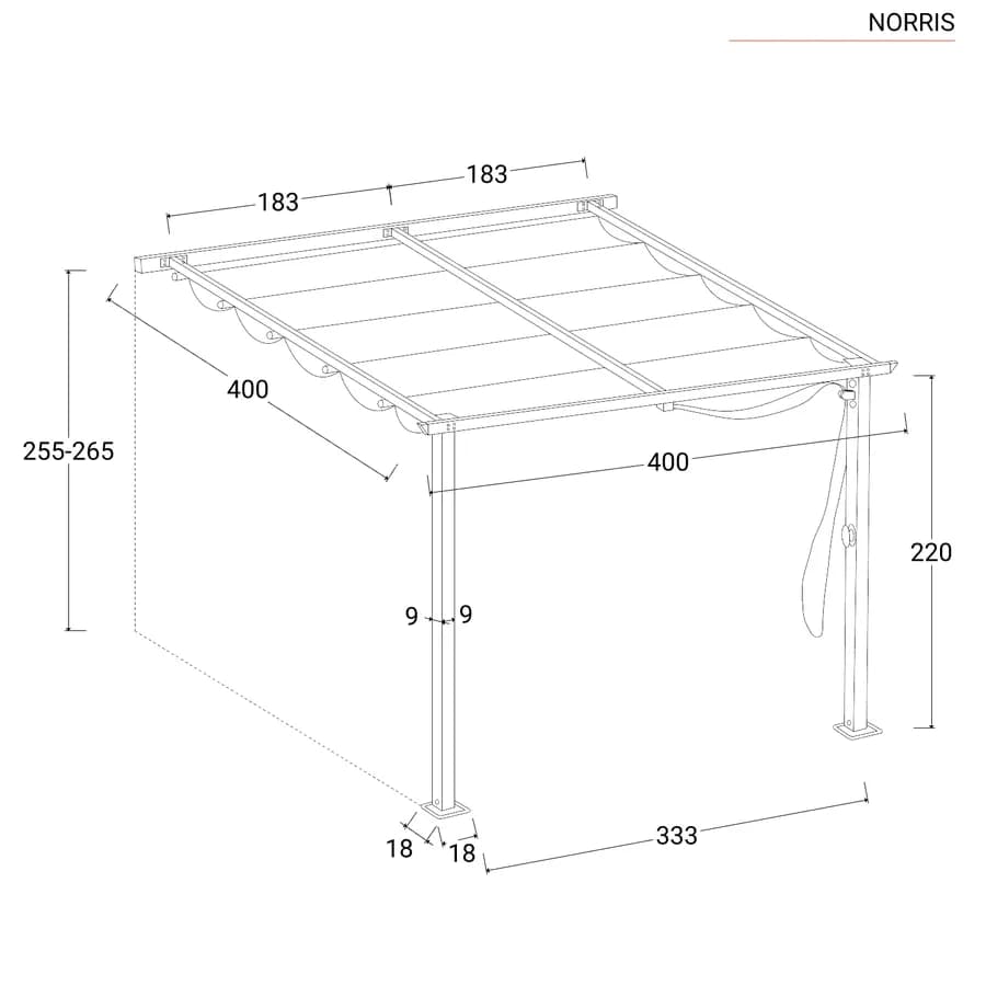 Pergola da esterno 4x4 m in alluminio effetto corten e telo bianco - Norris