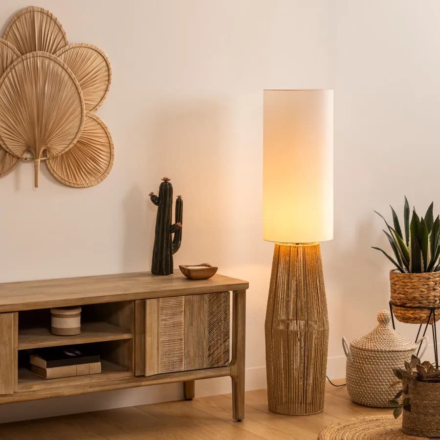 Piantana 130 h cm intreccio in corda naturale e paralume bianco
