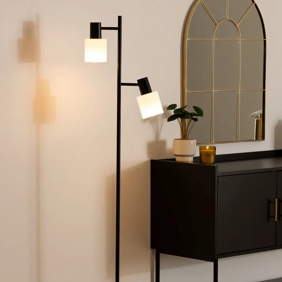 Piantana 145h cm in metallo nero e pietra sintetizzata con due punti luce