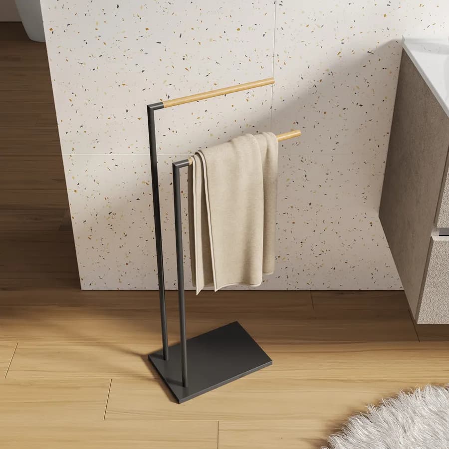 Piantana porta asciugamani 2 bracci nero e bambù - Linky