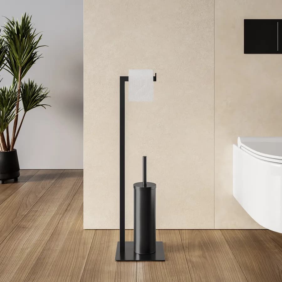 Piantana portarotolo e portascopino in acciaio inox nero satinato - Clover