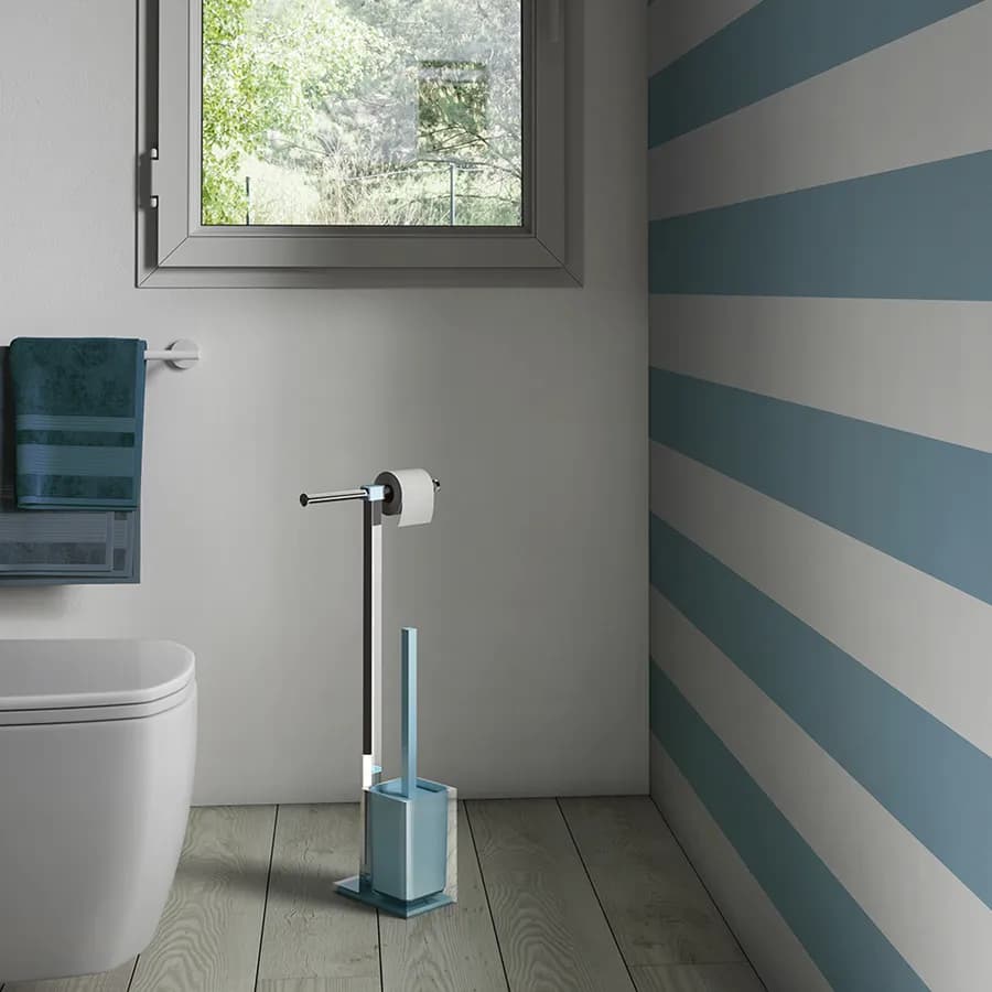 Piantana portarotolo in acciaio inox e portascopino celeste e trasparente - Rainbow di Gedy