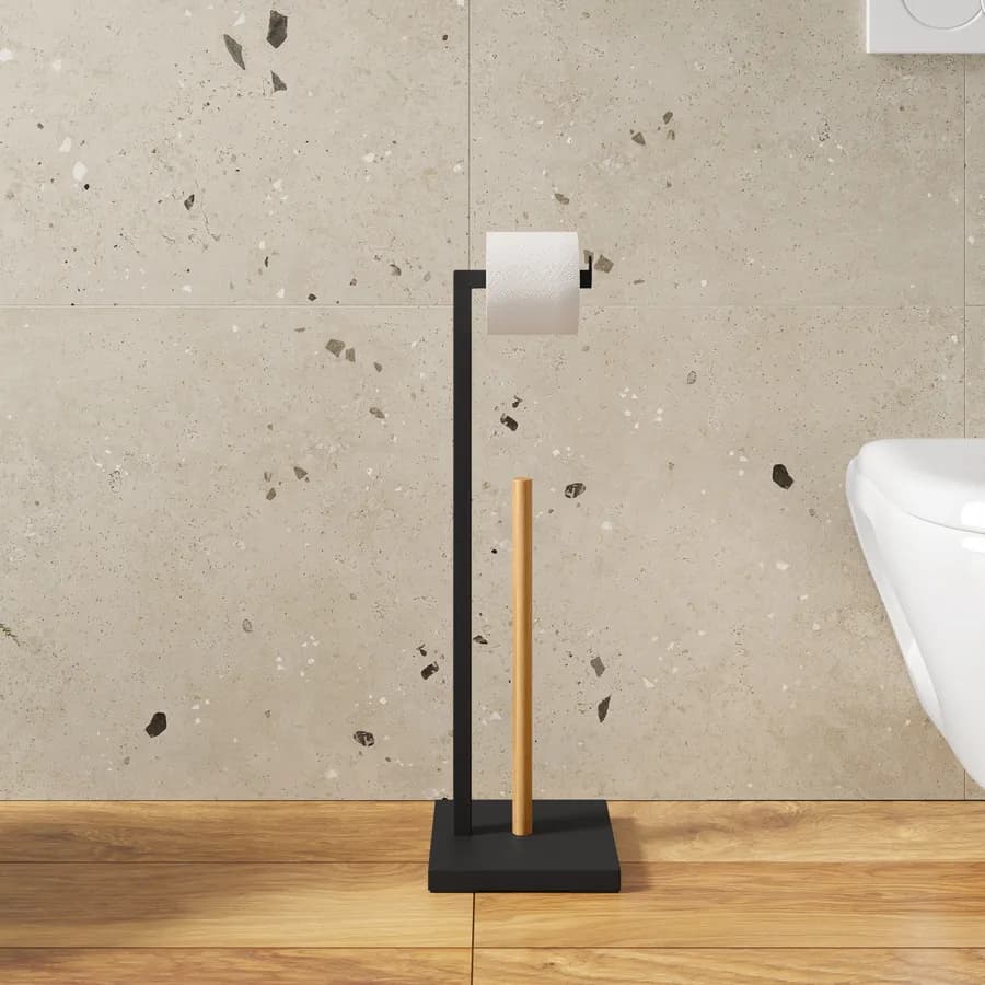 Piantana portarotolo in metallo nero e bambù con riserva - Griffin