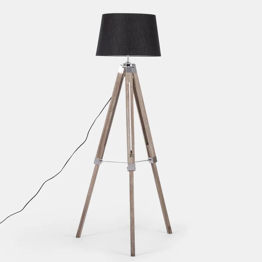 Piantana treppiedi 148h cm in legno con paralume in tessuto nero con altezza regolabile - Time