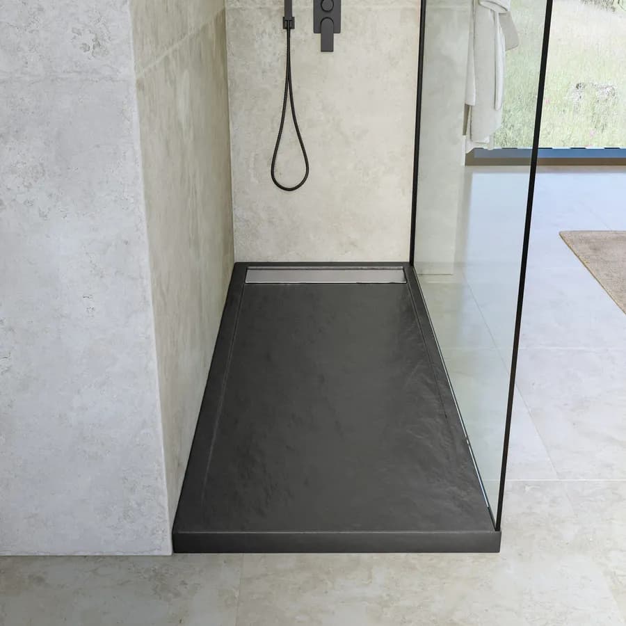 Piatto doccia 160x70 cm in acrilico effetto pietra antracite con canalina in acciaio - Denb